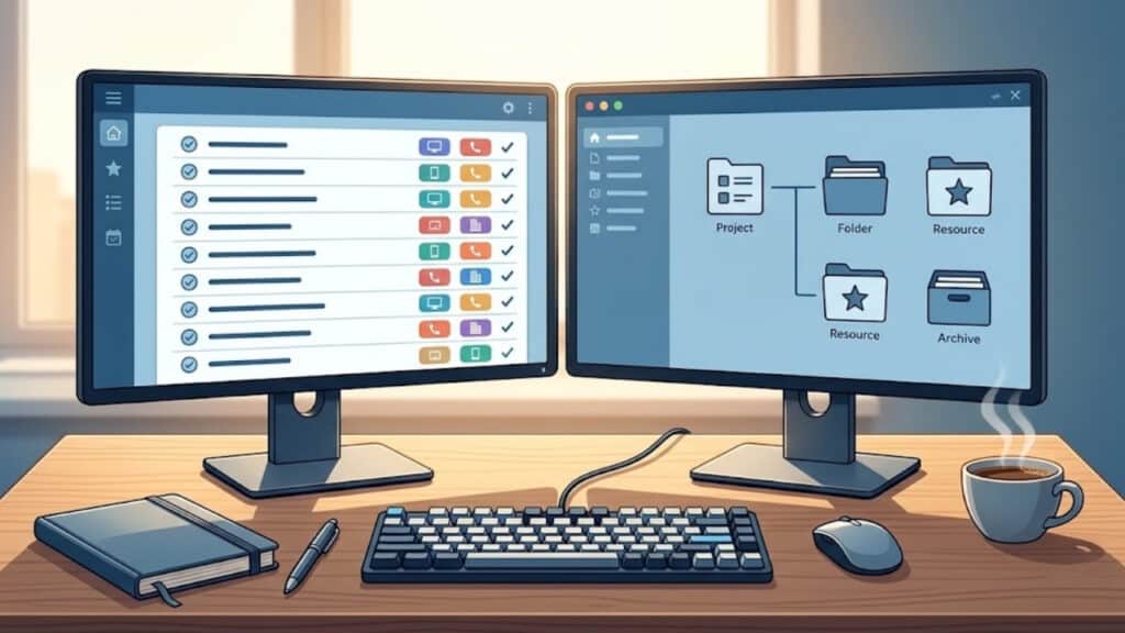 A clean office workspace with dual monitors showing task tracking and folder organization illustrating the difference between GTD and PARA methodology.