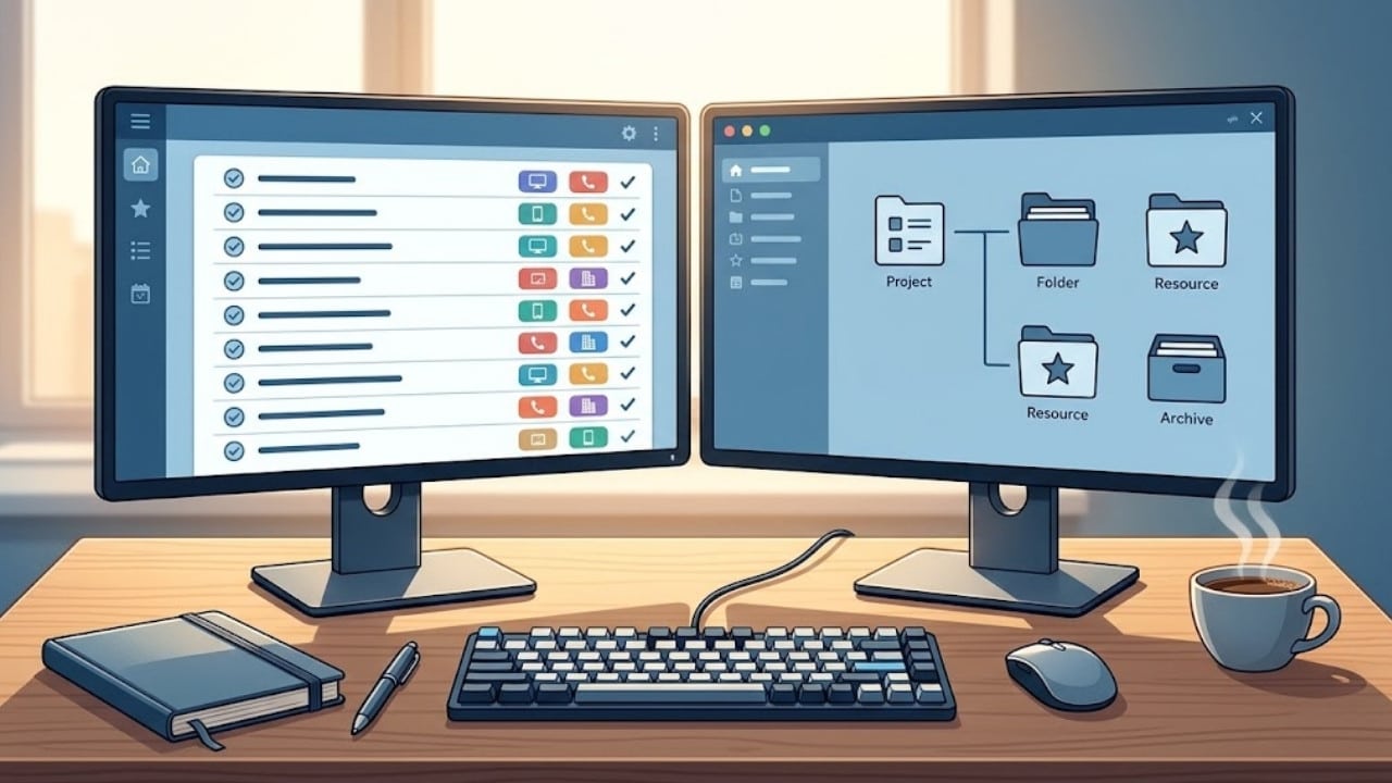 A clean office workspace with dual monitors showing task tracking and folder organization illustrating the difference between GTD and PARA methodology.