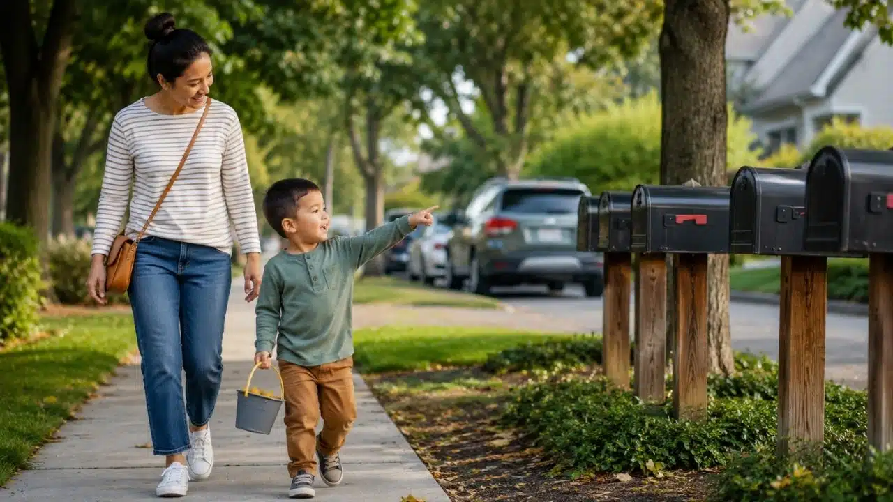 Parent and child practice counting on a walk by pointing to neighborhood mailboxes, helping connect numbers with real world objects.