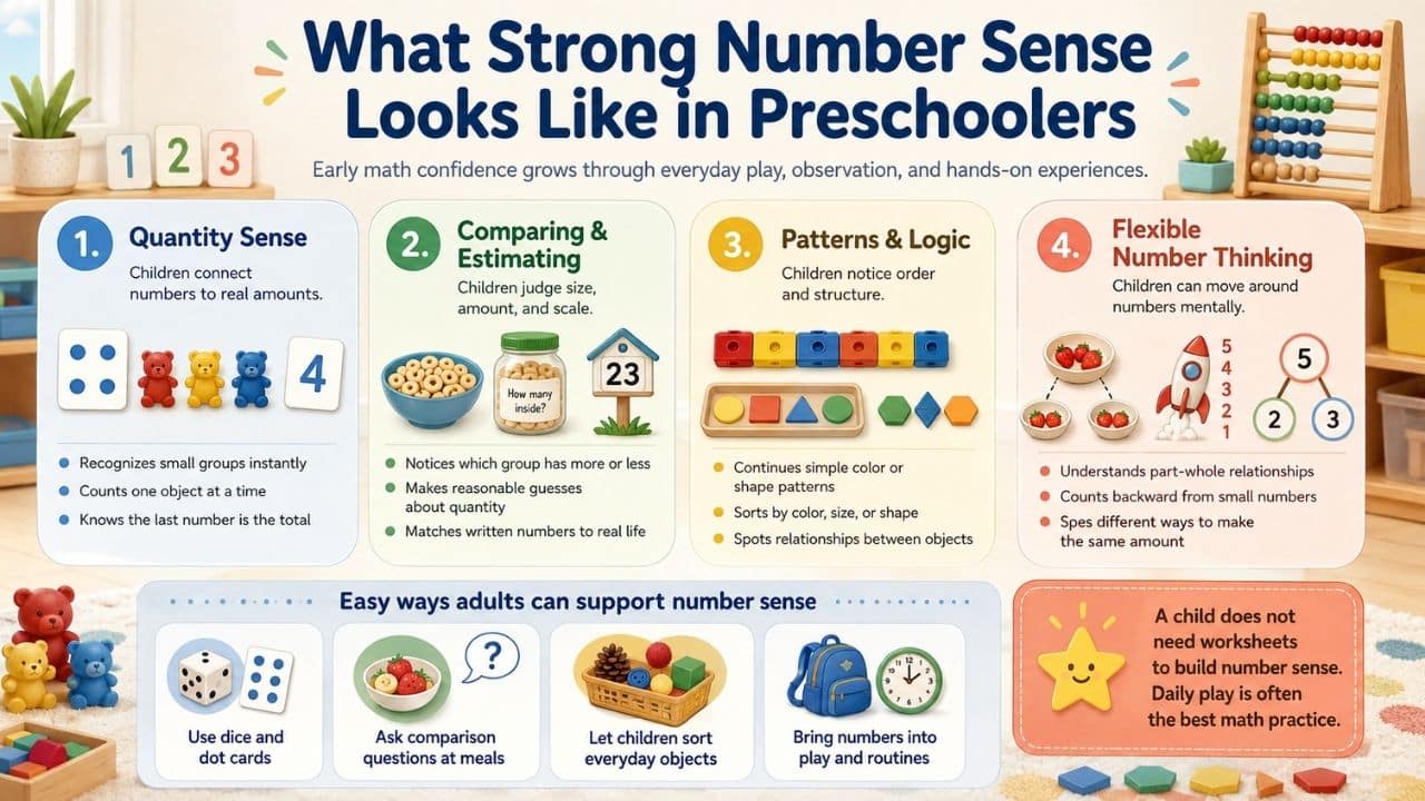 Infographic explaining preschool number sense through quantity recognition, comparing and estimating, patterns, flexible number thinking, and everyday play.