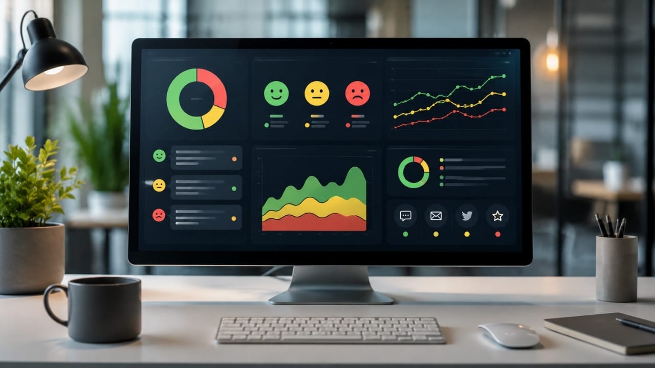 Sentiment analysis for business dashboard showing customer feedback trends, emotion signals, and performance charts in a modern workspace, helping readers quickly understand how companies turn raw feedback into practical business insights