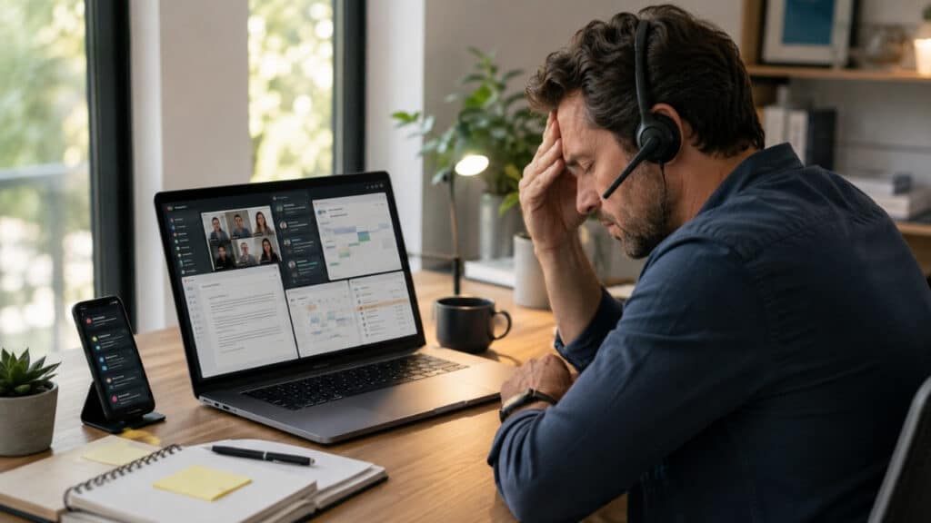 Why multitasking fails shown through an overwhelmed professional juggling messages, a video call, and multiple work tasks at once.