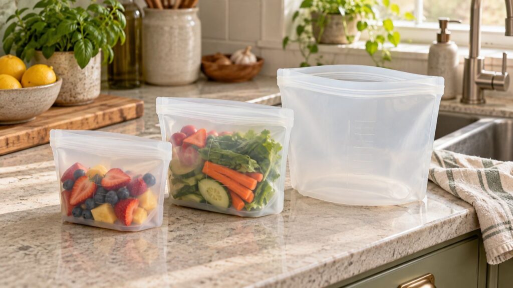 Three-Piece Silicone Storage Bag Set seal, cleaning and capacity