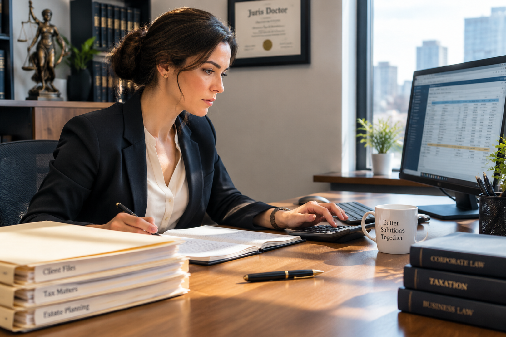 Solo attorney reviewing financial software at a desk for legal trust accounting